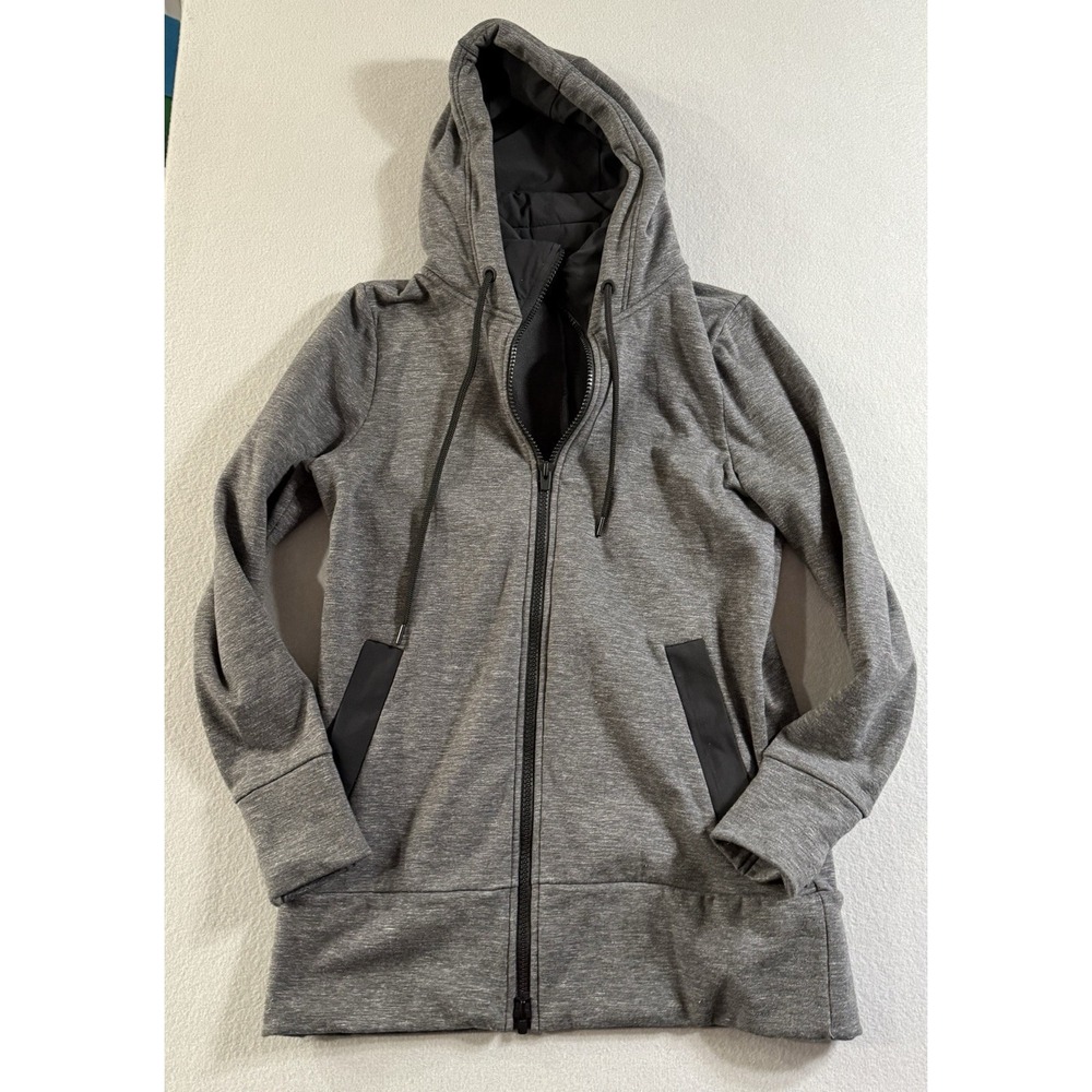 Athleta Victory Long Primaloft Hooded Jacket Full Zip Gray Black Sz Small